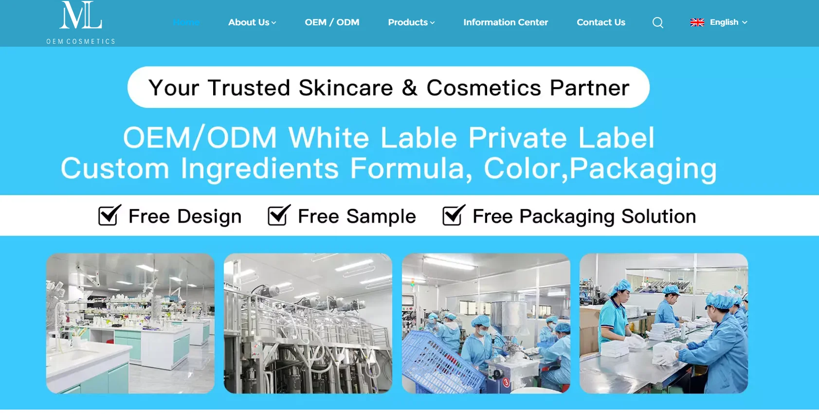ML Cosmetics offers OEM/ODM services, showcasing clean labs and production line. Features free design, sample, and packaging.